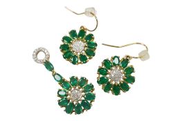 A recent yellow metal, emerald and diamond floral cluster demi-parure, comprising a pendant, 35mm