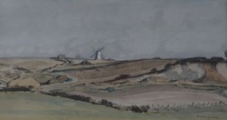 Edward Vuillamy (1876-1962), windmill on Sussex downs, signed and dated 1909, watercolour, 17 x