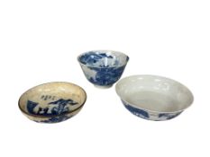 Late 19th century, Two Chinese blue and white dishes, and a similar bowl, height 6cm, diameter 10cm,