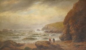 George Henry Jenkins (1843–1914), extensive seascape with fisherman on the shore, signed, oil on
