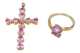 A recent 9ct gold and pink sapphire cluster set cross pendant, 36mm and similar 9ct gold and pink