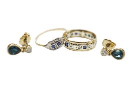 A small 18ct, sapphire and diamond chip set ring, size , a 9ct gold and gem set eternity ring and