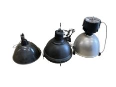 Three industrial style lights, largest diameter 48cm, height 65cm