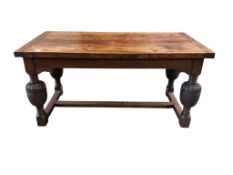 A Jacobean style oak refectory dining table, width 151cm, depth 75cm, height 74cm