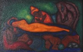 20th century, sleeping figures with figures with onlookers signed with monogram, oil on panel, 13