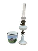 A Victorian opaque glass oil lamp and a Paris porcelain cache pot. Lamp height 65cm.
