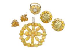 A collection of recent opal jewels to include a 9ct gold cluster pendant, diameter 42mm, a 9ct