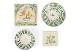 Louise and Alfred Powell (1865-1956 and 1865-1960) for Wedgwood: Two tiles and two saucers, the