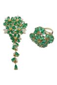 A recent 9ct gold, emerald and white sapphire set cluster dress ring, size N, together with a yellow