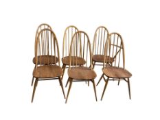 A set of six Ercol elm and beech dining chairs, one with arms, width 61cm, depth 40cm, height 95cm