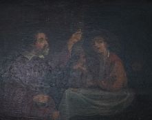 19th century, tavern scene with figures drinking and smoking, oil on panel, 17 x 21cm
