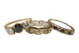 A 9ct gold sapphire and diamond set three stone ring, size O, together with two other 9ct gold and