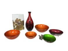 A Doulton Flambé vase, a Rosenthal Studio Line vase, tallest 20cm, a set of three Norwegian enamel