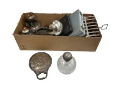 A mixed lot of silver and plate, comprising: a cut-glass dressing table jar with silver cover and