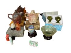 Six Chinese carved jade and jadeite items, two soapstone miniature teapots, a miniature cloisonné