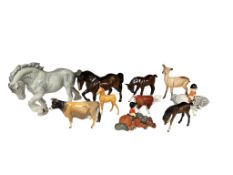 Ten Beswick porcelain animals to include Thelwell (2), grey shire horse, two foals and a doe.
