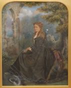 19th Century school, portrait of a lady in mourning dress before gothic ruins, unsigned,