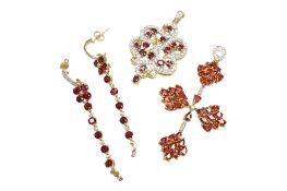 A recent yellow metal, ruby and simulated diamond cluster set pendant, stamped 375, 42mm, a pair