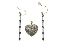 A recent 9ct gold and pave set sapphire heart shaped pendant, overall 22mm and pair of 375, sapphire