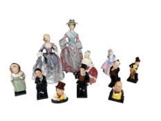 Seven Royal Doulton porcelain Dickens series figures including Bill Sikes, Stiggins and McCawber and