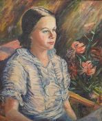 A. M. Holliday, portrait of a seated girl beside flowers, signed, oil on canvas, 70 x 59cm
