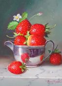 Raymond Campbell (b.1956), ‘Strawberries in Silver Cream Jug on Marble Table, signed, oil on