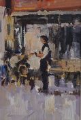 Ken Moroney (1949-2018), ‘The Waiter’, signed, oil on board, 25 x 16cm