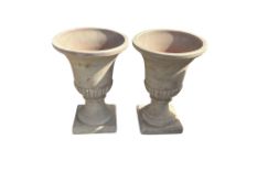 A pair of terracotta campana garden urns, diameter 37cm, height 51cm