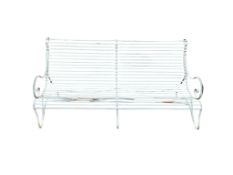 An early 20th century wrought iron garden bench, later powder coated, width 182cm, height 90cm