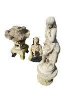 Four reconstituted stone garden ornaments and a pot, (cherub a/f), largest height 84cm
