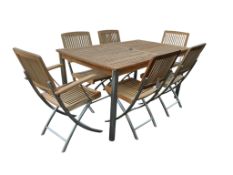 A John Lewis teak and steel rectangular garden table, width 158cm, depth 90cm, height 76cm and six