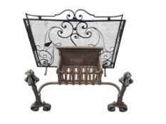 An Art Nouveau wrought and cast iron fire grate, width 88cm, height 40cm and a wrought iron and mesh
