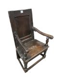 A 17th century and later panelled oak child’s Wainscot chair, width 56cm, depth 46cm, height 86cm