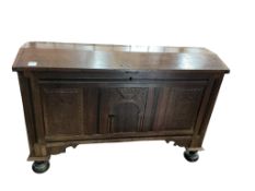 An early 18th century Dutch oak and ebony banded dome top chest, width 134cm, depth 52cm, height 86c