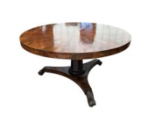 A mid 19th century flame mahogany tilt top breakfast table, diameter 136cm, height 72cm