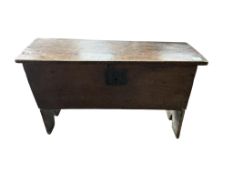 An early 18th century six plank coffer, width 94cm, depth 35cm, height 53cm