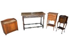 An oak side table, two bedside chests and a wall cabinet, side table width 104cm, depth 45cm, height