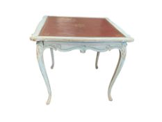 A French painted table with leather inset top, width 80cm, depth 80cm, height 73cm