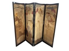 An Arts and Crafts embroidered four fold screen, each panel width 54cm, height 164cm