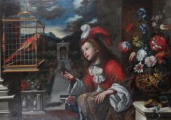 Pier Francesco Cittadini (Italian, 1616-1681)A boy in courtly attire with a parrot and a vase with