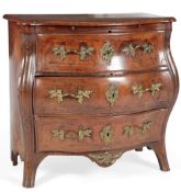 A Swedish Gustav III ormolu mounted crossbanded walnut bombe form commode, with moulded quarter