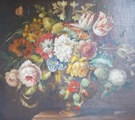 G A Pumfrey (20th. C), still life of flowers in an urn, signed, oil on board, 40 x 46cm