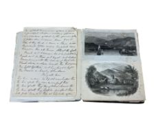 A 19th century sketch and scrapbook album with various watercolours, ink sketches, prints and