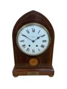 An Edwardian inlaid mahogany lancet cased bracket clock with enamelled Roman numeral dial, height