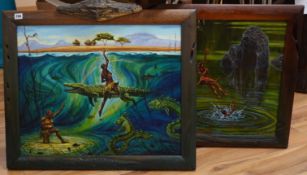 Larry Norton (b.1963), figures swimming with crocodiles and figures jumping into water, each