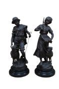 After Auguste Moreau, a pair of spelter figures, shepherd and shepherdess, on ebonised plinths, 49cm