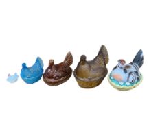 A 19th century Staffordshire hen egg box and cover, width 22cm, one other pottery example and