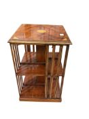 A reproduction inlaid yew and boxwood square revolving bookcase, 50cm, height 80cm