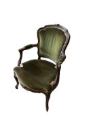 A Louis XV style carved walnut fauteuil, width 63cm, depth 45cm, height 90cm