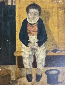19th century, naive school, study of seated school boy yawning, oil on canvas, 17 x 13cm